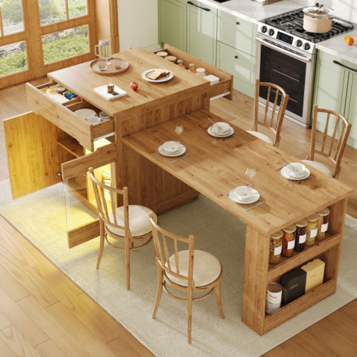 Ilha de cozinha com mesa extensível, iluminação LED, acabamento em efeito carvalho, gavetas, porta de vidro e espaços de armazenamento. ILHA CENTRAL
