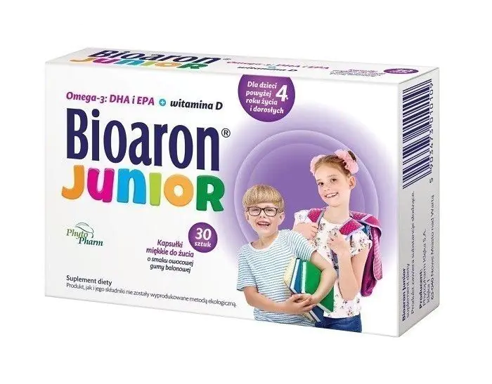 Biaron Junior, Omega-3 + Witamina D dla dzieci powyżej 4. roku życia i dorosłych, Kapsułki miękkie do żucia, Smak gumy balonowej