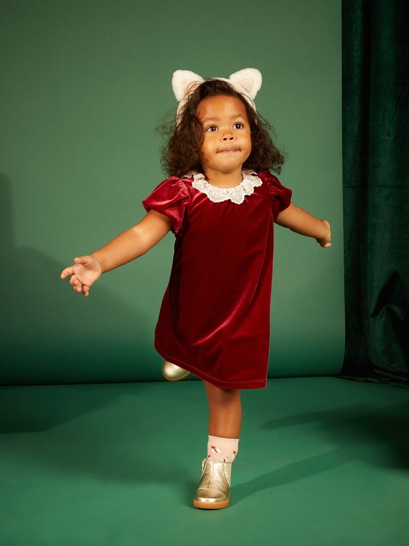 Vestido de veludo com gola de tule bordada - VERMELHO