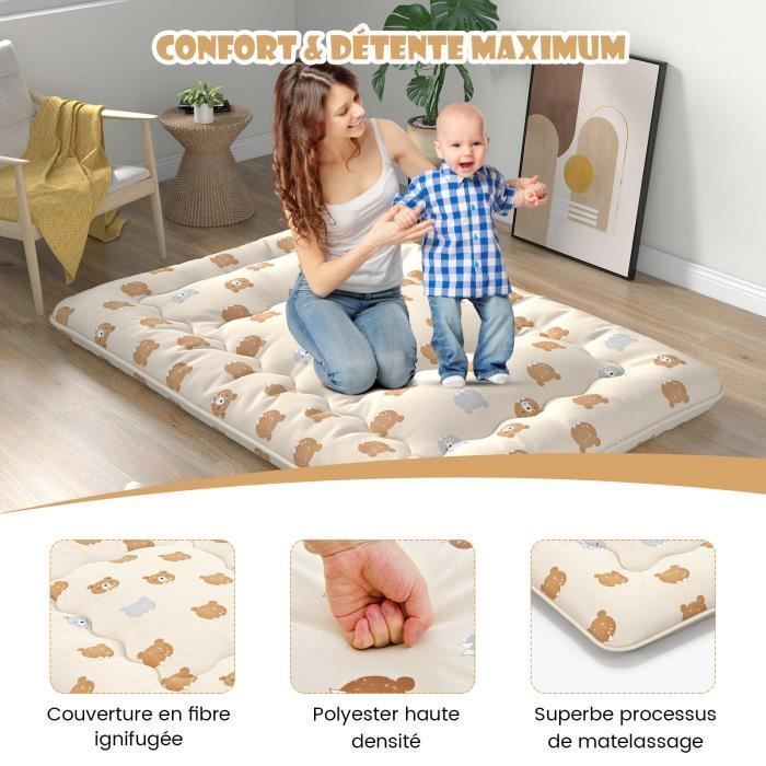 Colchón futón japonés COSTWAY 140x200CM - Cubrecolchón extraíble, colchón plegable para suelo - Hogar, autocaravana, dormitorio - Oso marrón
