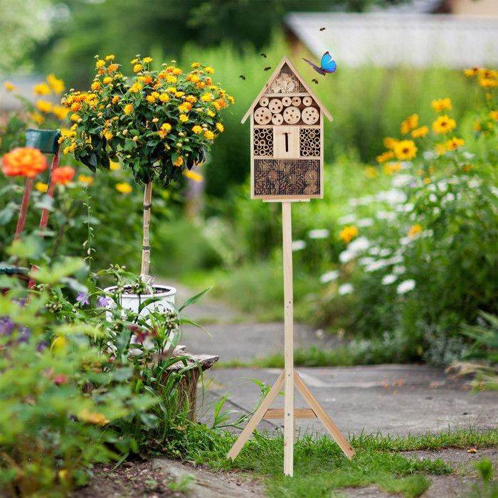 Vrijstaande insectenhotel, insectenhuis, bijenverblijf, nestkast voor in de tuin, HxBxD: 140x47x47cm, naturel