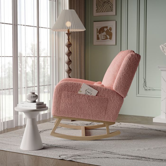Schommelstoel, voedingsstoel, fauteuil, voedingsschommelstoel, teddyfluweel, roze