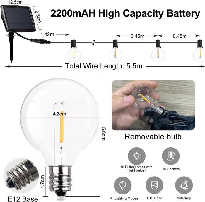 Guirnalda de luces solares para exteriores, 10+1 bombillas LED G40, resistente al agua IP44, con 4 modos.