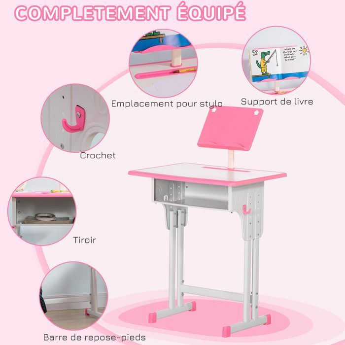 HOMCOM children's desk and chair with reading stand, storage compartment, hook and pen holder - adjustable height - 60 x 45 x 90-102 cm