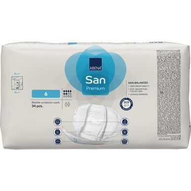 Abena San Premium 360 -vuotosuojat, 6 inkontinenssisuojaa, anatominen muoto, 34 kpl.