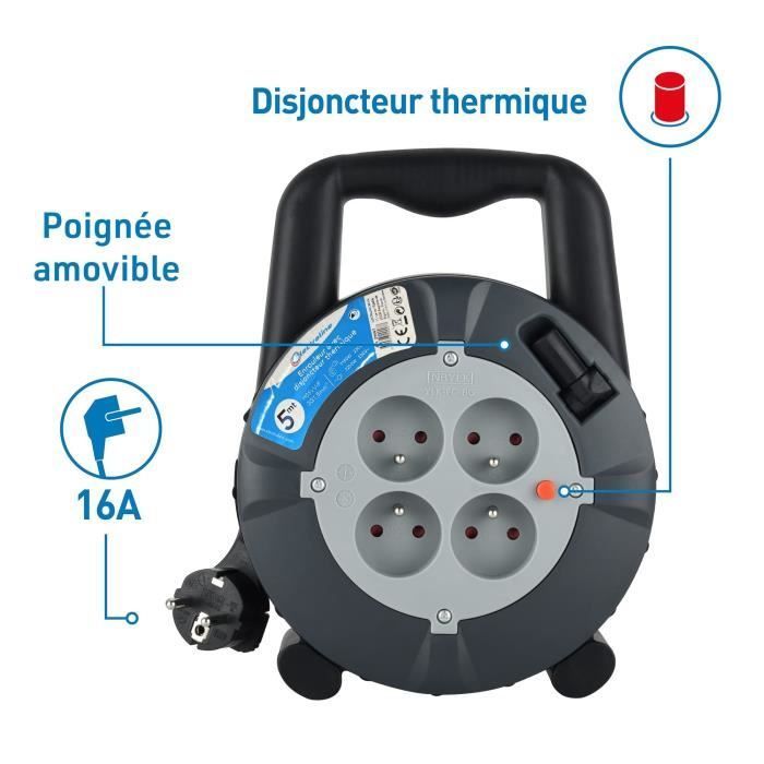 Enrouleur 5 mètres 4 prises k7 gris/noir .