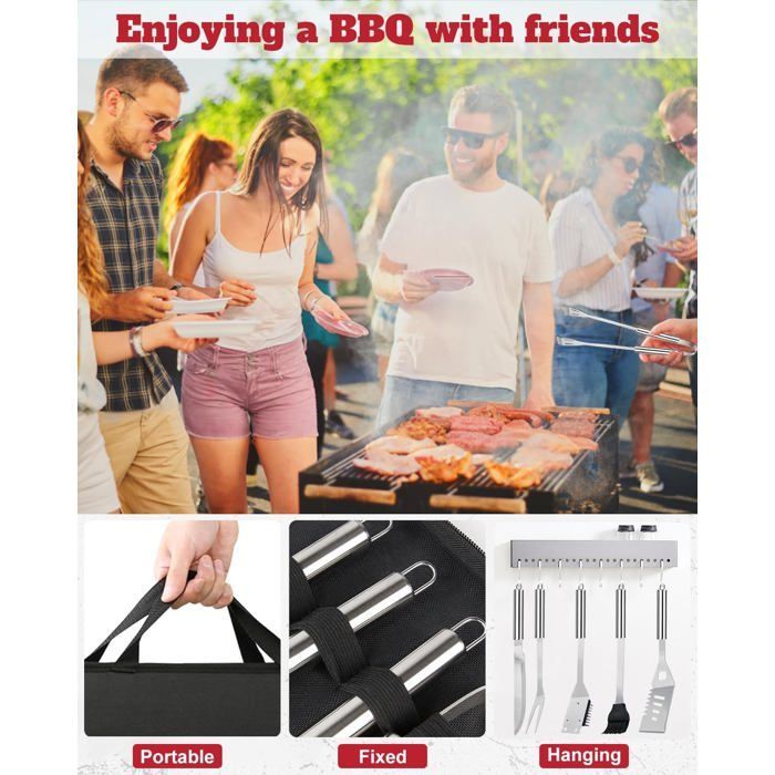 Juego de 28 utensilios de acero inoxidable para barbacoa, accesorios portátiles profesionales para parrilla, kit de herramientas para barbacoa para acampar y cocinar.