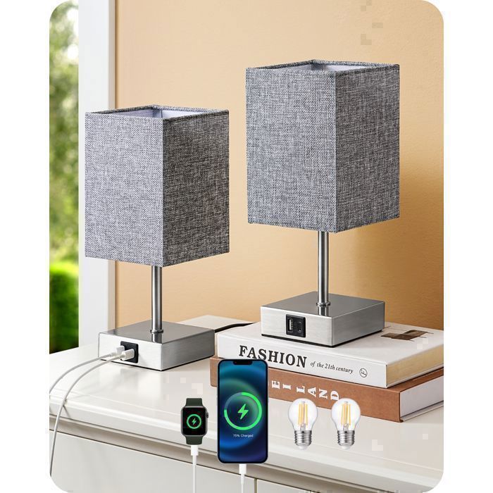 EDISHINE Touch tafellampenset van 2, USB-A- en USB-C-poorten, dimbare E27 LED-lamp inbegrepen, grijze lampenkap