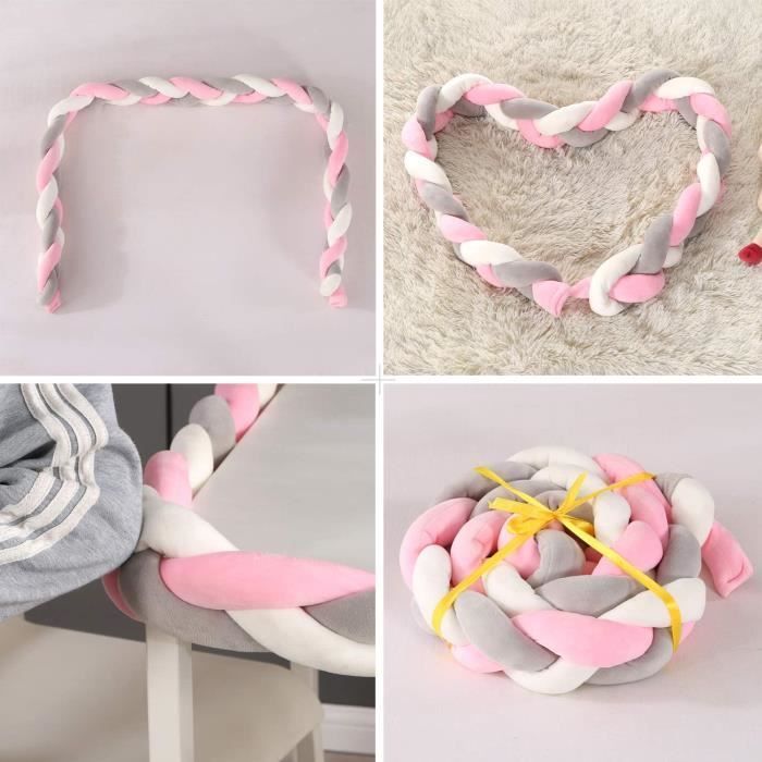 Protetor de Berço 3M com Almofada Trançada em Veludo para Bebê (Cinza, Branco e Rosa)