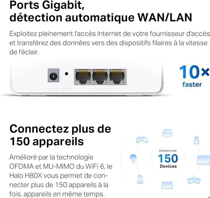 WiFi 6 Mesh AX3000Mbps Bi-bande- MERCUSYS Halo H80X (2-Pack) - Couverture jusqu'à 460 m² - Canaux 160 MHz - 3 Ports Gigabit