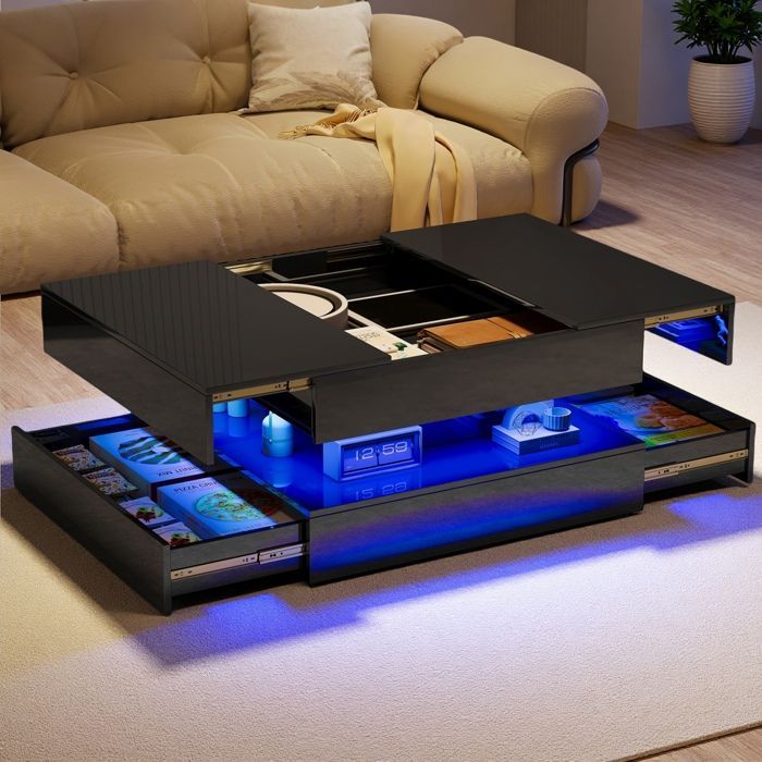 Mesa de centro moderna con tablero extensible, 2 cajones, iluminación LED y color negro.