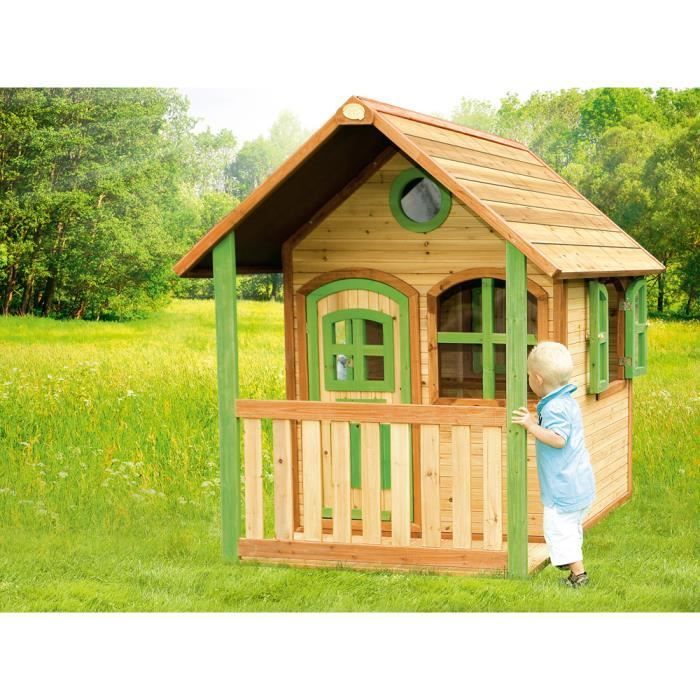 Maisonnette en bois AXI Alex pour enfants | Maison de jeux pour l'extérieur avec véranda et but | Marron & vert