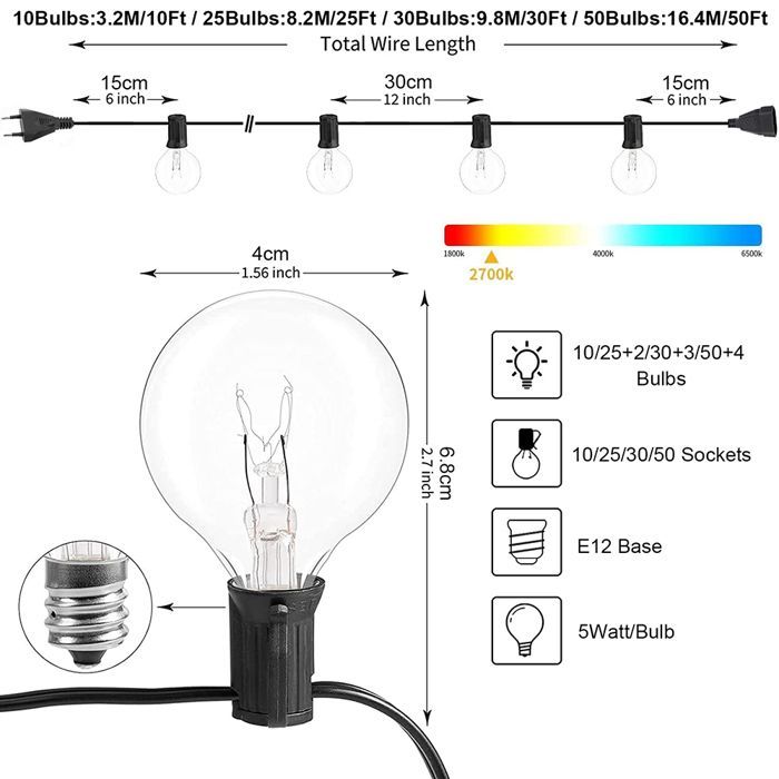 Guirlande Lumineuse Extérieure 30 Ampoules +3 de Rechange 9.8M - G40 Connexion 2 Chaînes, pour Pergola, Marché Nocturne
