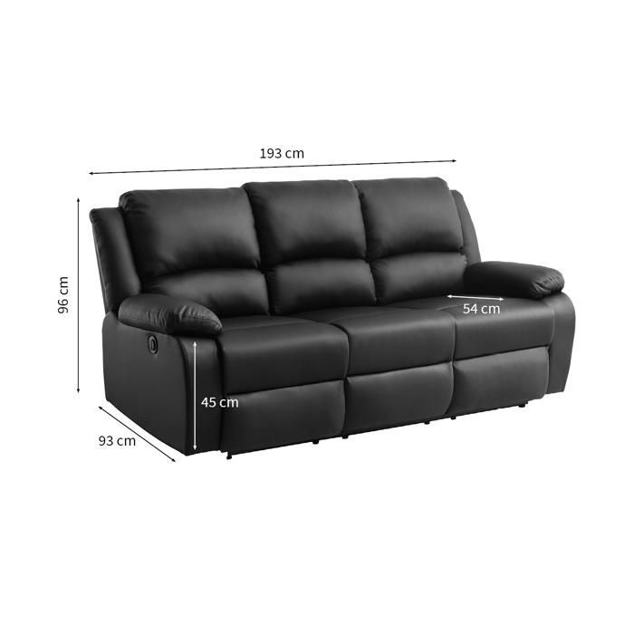 Sofá reclinable eléctrico de 3 plazas LEO en piel sintética - Negro - 193 x 93 x 96 cm - LOUNGITUDE