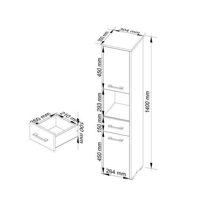 AKORD FIN Witte Badkamerkolom 30 cm 2 Deuren 1 Lade Sonoma Eiken Front 5 Planken 30x30x140 cm