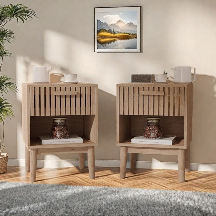 Mesita de noche - TANANT - Juego de 2 - 1 cajón - Almacenamiento abierto - Madera beige 40x35x55 cm