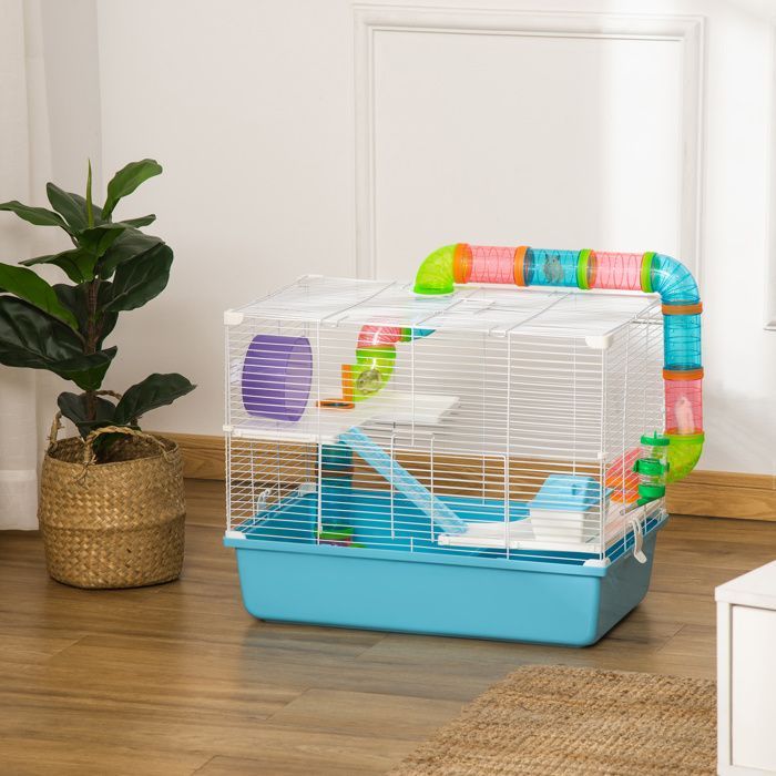 PawHut Hamsterkäfig – Nagerkäfig mit 3 Ebenen, Tunnel, Wasserflasche, Laufrad und kleinem Häuschen – Kunststoff – 59 x 36 x 47 cm