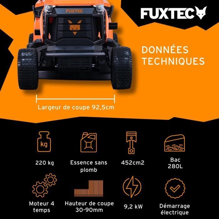 FUXTEC FX-RMT92A Ride-on Lawnmower – Lawn Tractor – 452 cc – 9.2 kW – 92.5 cm – Hydrostatic – 280 L Grass Collector – 6000 m²
