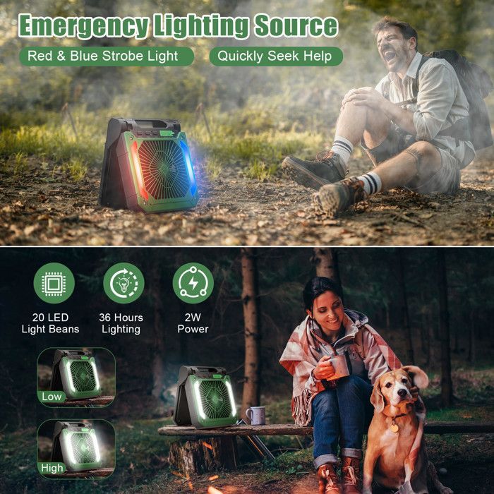 Ventilateur de Table Silencieux avec Lumière LED Ventilateur Portable Rechargeable 20000mAh, Ventilateur solaire Pour Camping Vert