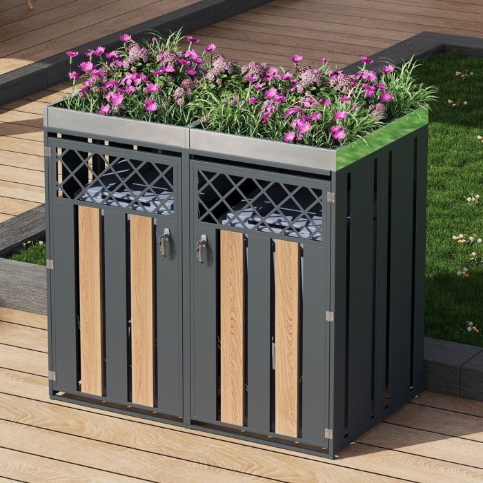 Cache Poubelles de Jardin pour 2 poubelles, Pot de fleurs, trous d'aération, Porte Verrouillable, Métal, Gris + Bois