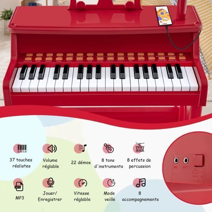 Piano electrónico para niños de 3 años, 37 teclas con taburete, capacidad de peso de 50 kg, micrófono ajustable COSTWAY, atril extraíble, modo de suspensión - Rojo
