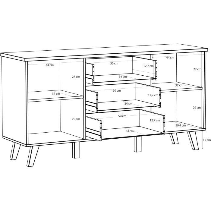 Aparador de 150 cm - VANKKA - Roble / Blanco mate - 2 puertas - 3 cajones