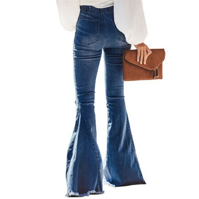 Pantalones vaqueros acampanados elásticos de talle alto con flecos para mujer de FUNMOON