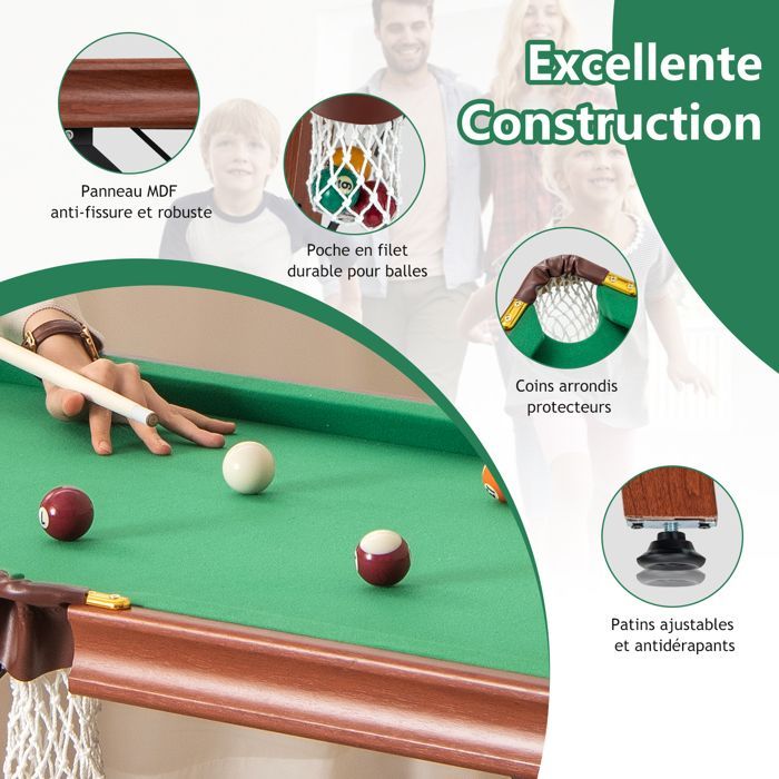Table de Billard Pliable Enfants et Adultes DREAMADE Jeu de Billard 16 Balles, Triangle, 2 Craies, 2 Queues, Brosse, Pieds