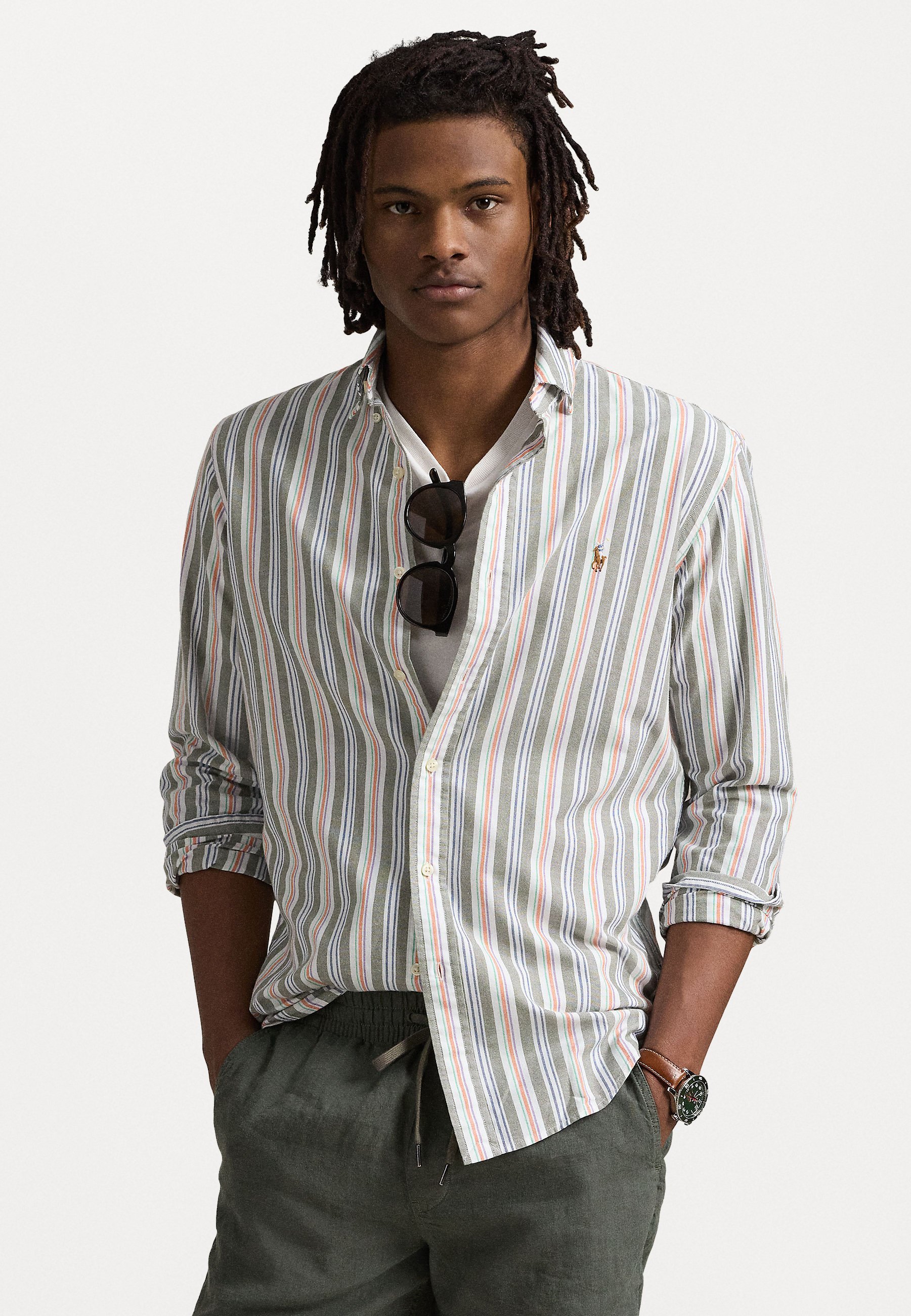 Polo Ralph Lauren CUSTOM FIT STRIPED OXFORD SHIRT - Cămașă - olive/orange