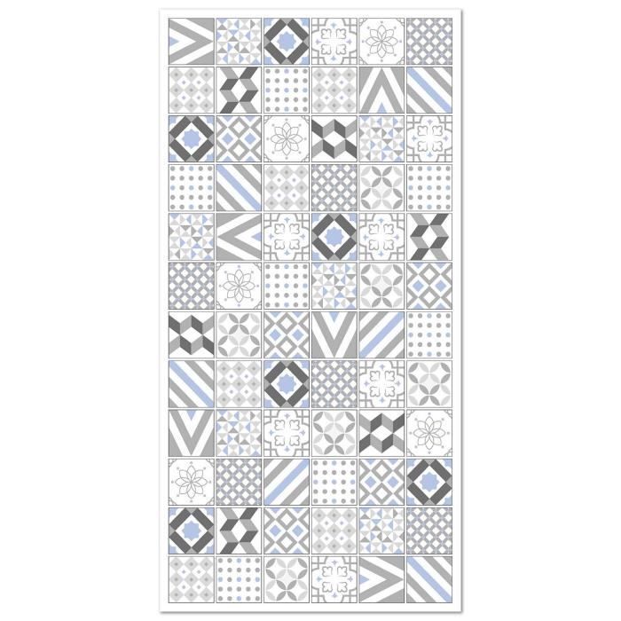 Tapis Vinyle - Panorama - Carreaux Ciments - Gris et Bleu - 60x110 cm - Résistant et Économique