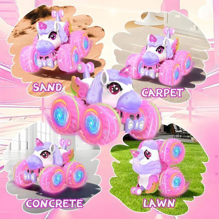 Voiture Télécommandée Licorne pour Filles Véhicule Tout-Terrain RC Rechargeable Lumières LED & Musique, Cascades 360°- 17*17*15.5 cm