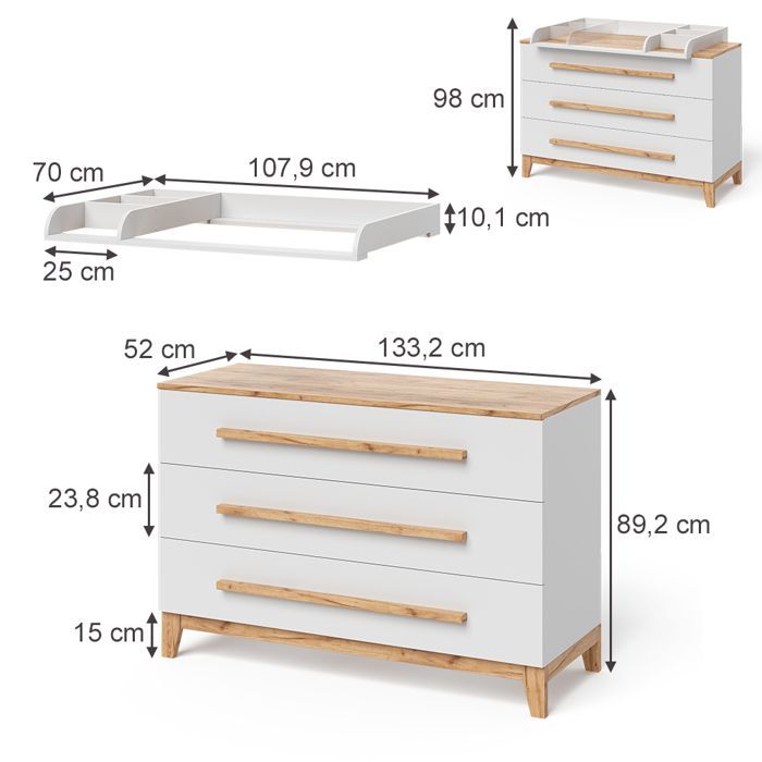 Table à langer Malia 133.2x98cm avec 3 tiroirs Blanc/Artisan Artisan Vitalispa 58355