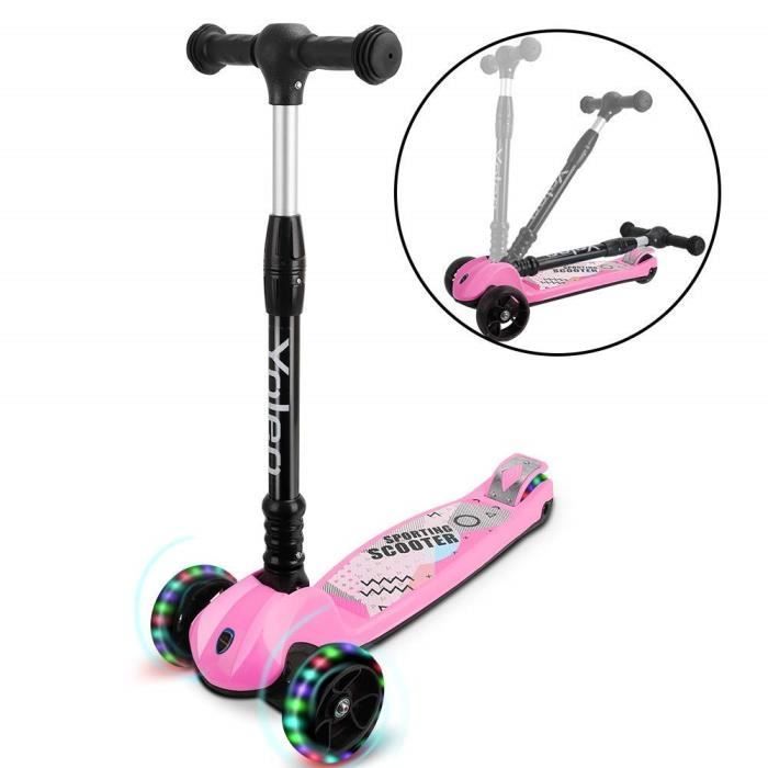 Trottinette 3 Roues Enfant YOLEO® Hauteur Réglable 65 à 78 cm Avec LED Roules Rose