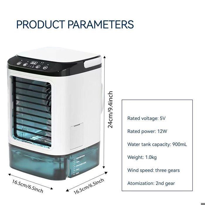Mini aire acondicionado portátil de 900 ml - Enfriador de aire - 3 velocidades - Ventilador con movimiento hacia arriba y hacia abajo - Silencioso y portátil - Luz nocturna