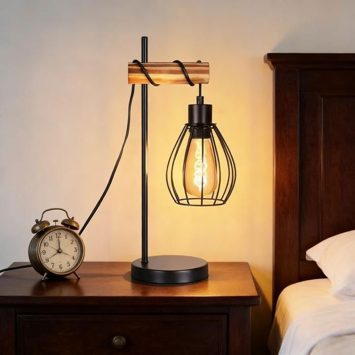 Nettlife Lampe de Table Industrielle Bois & Métal Noir, Cage, pour Salon/Chambre/Bureau/Cuisine