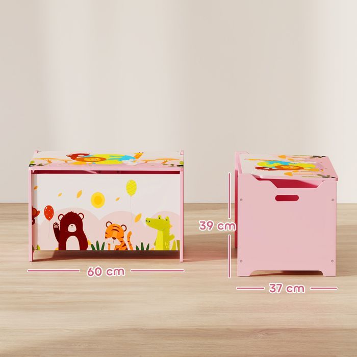 Baúl de juguetes infantil - AIYAPLAY - tapa abatible, diseño de animales, bisagras de seguridad - MDF - 60 x 37 x 39 cm - rosa