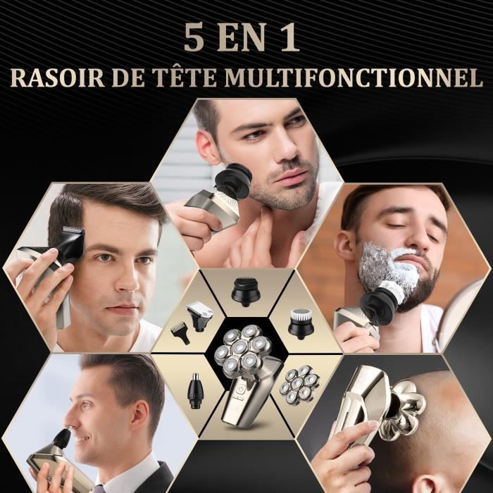 Rasoir Électrique Homme Sans Fil 5 En 1 SEJOY - Têtes Chauve Tondeuse à Barbe Cheveux Nez et Oreilles - Marron