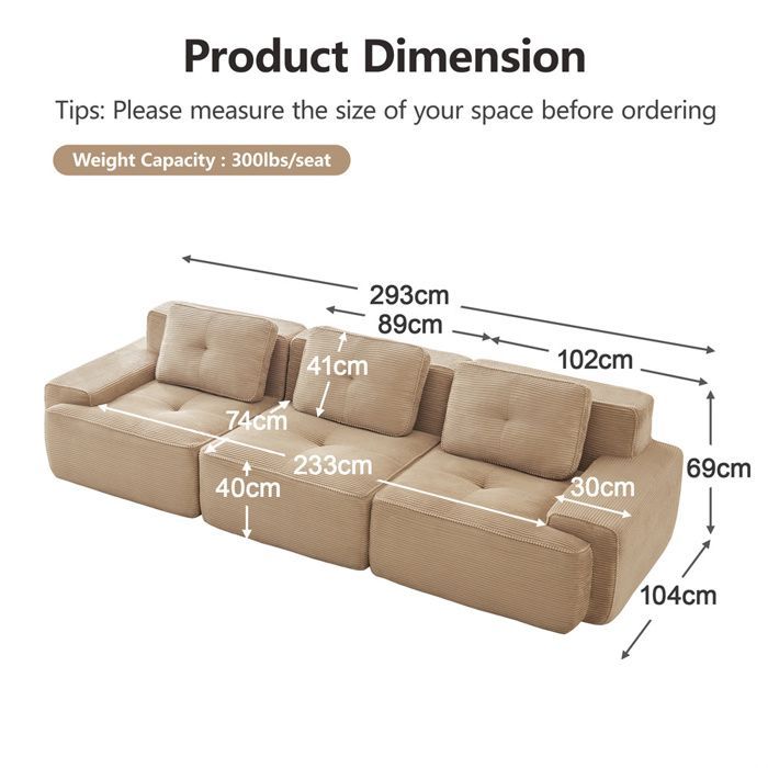 DRIPEX Canapé Cloud modulable 3 places surdimensionné,Canapé en velours côtelé avec 3 coussins,293*104*69cm,Beige