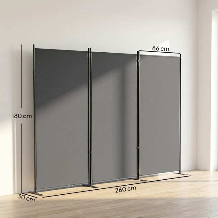 Mampara de jardín - pantalla de privacidad exterior - Outsunny - 3 paneles, opaca, patas metálicas estables, protección UV - 260x180cm - gris oscuro