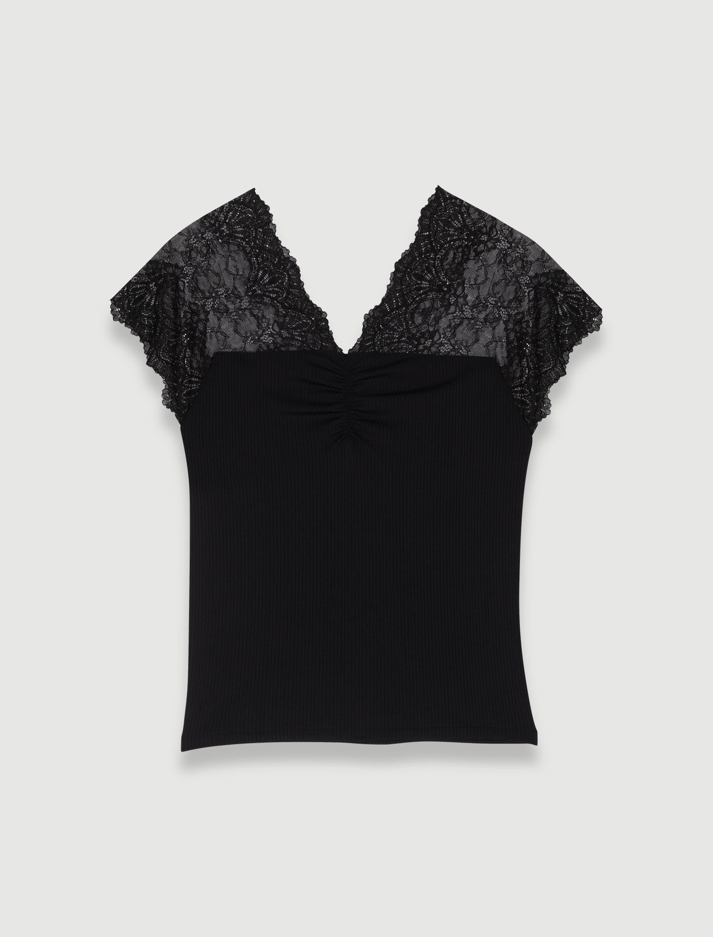 Top tricotat cu dantelă încorporată - Negru