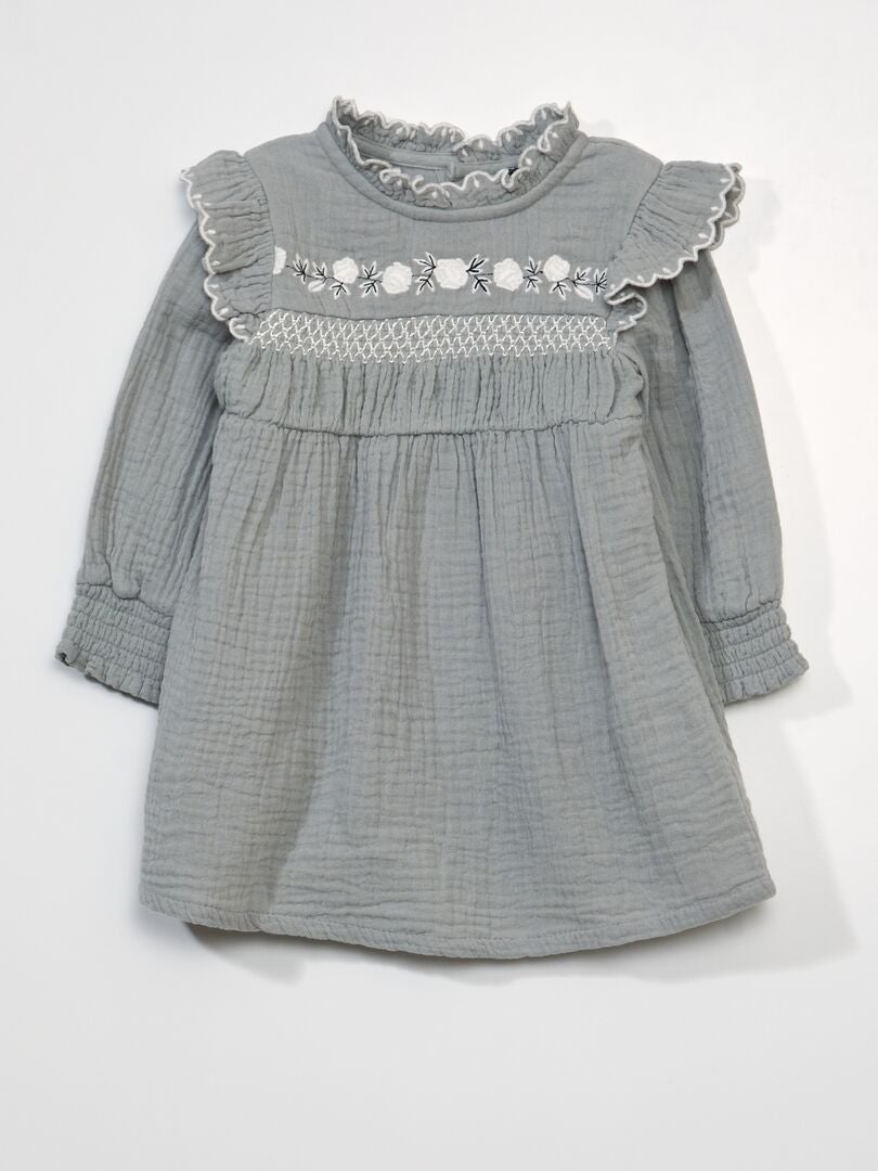 Jurk met lange mouwen van katoenen gaasstof - BLAUW