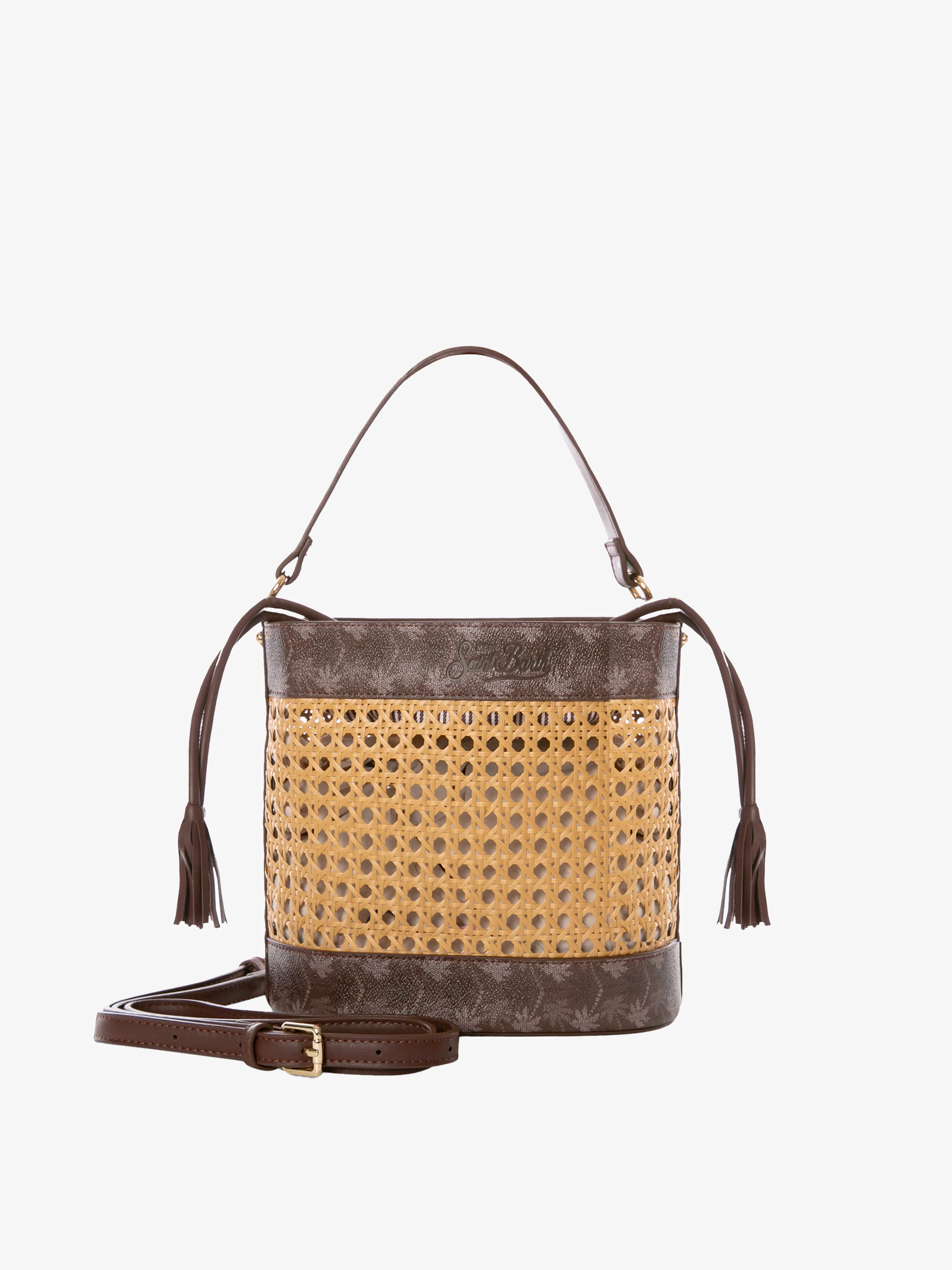 Rieten bucket bag met bruine monogramdetails