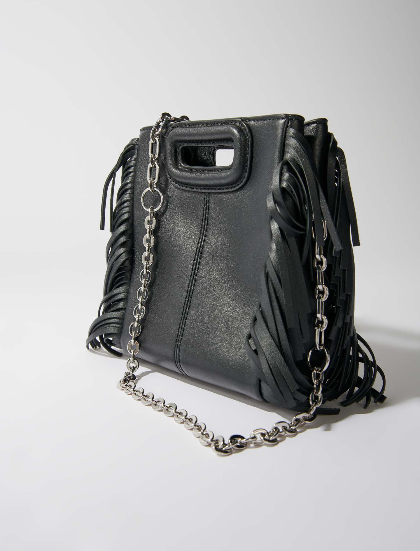 Kleine leren handtas met franjes (M) - Zwart