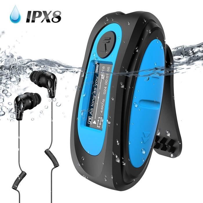 MP3 Etanche IPX8 avec Clip Ecran en Couleur, 8Go Lecteur avec Radio Waterproof HiFi Lossless Baladeur pour Natation et Sport, Bleu