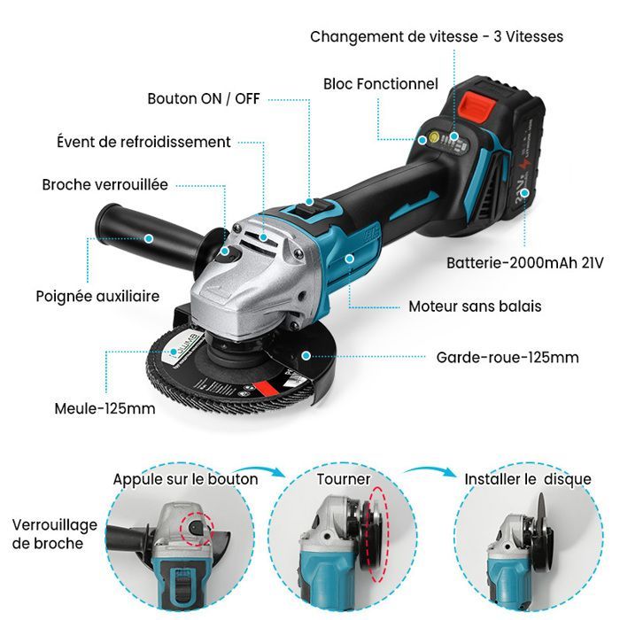 Meuleuse d'angle Sans Fil 125 mm avec Batterie, Moteur Sans Balais 22 000 RPM, 3 Vitesses pour Découpe, Polissage et Ponçage