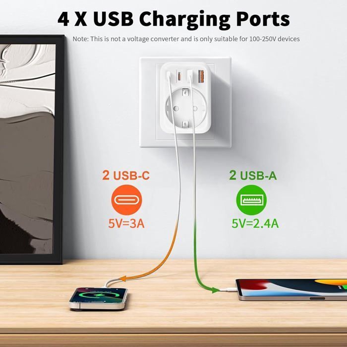 Adaptador de viaje 5 en 1 para Italia, con 1 enchufe de CA, 2 puertos USB-C y 2 puertos USB-A (3,4 A), enchufe de viaje de 3 clavijas.