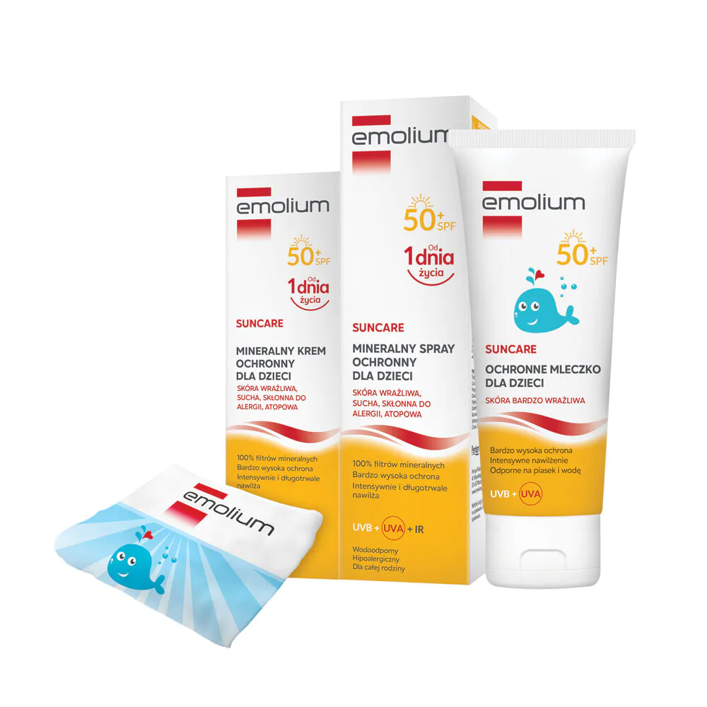 Emolium Suncare Zestaw, Krem SPF50 + Spray SPF5 + Mleczko dla dziec+ Ręcznik