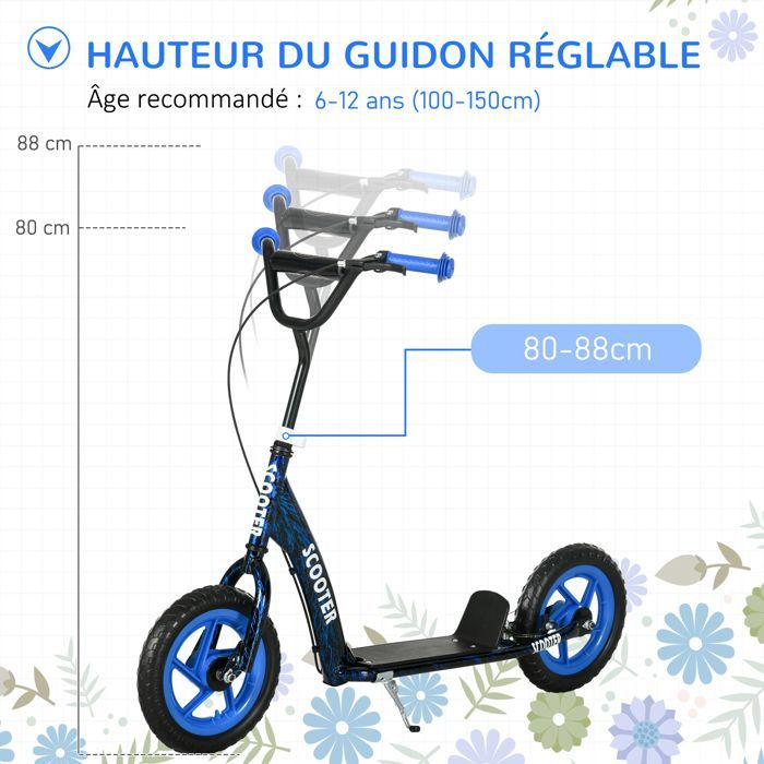Patinete infantil - AIYAPLAY - Patinete para niños de 6 a 12 años, ruedas grandes de Ø 30 cm, caballete y freno - Acero - Azul