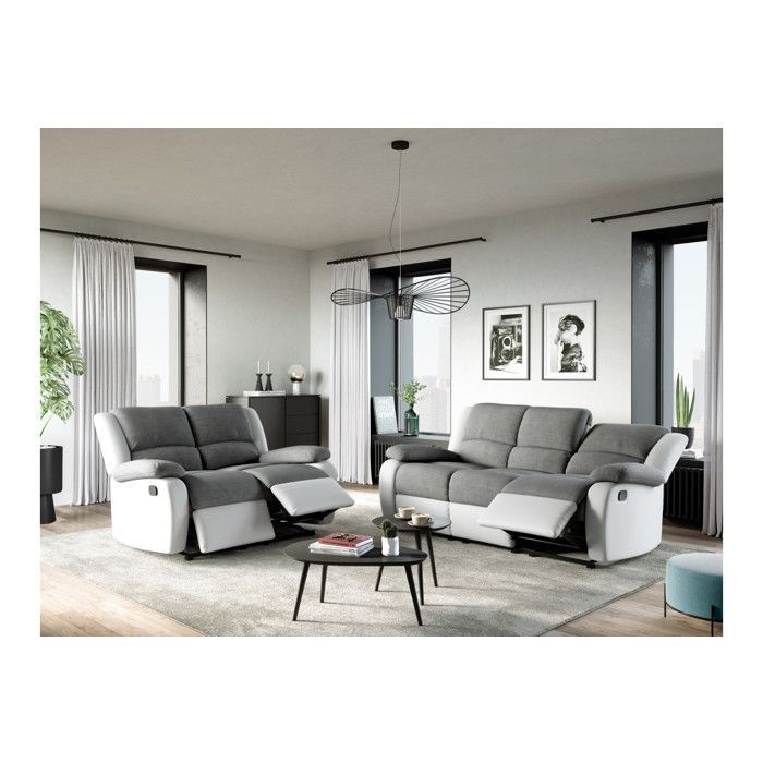 Sofá LEO de 2 plazas, cómodo y relajante, en microfibra y piel sintética - Blanco y gris - 143 x 93 x 96 cm - LOUNGITUDE