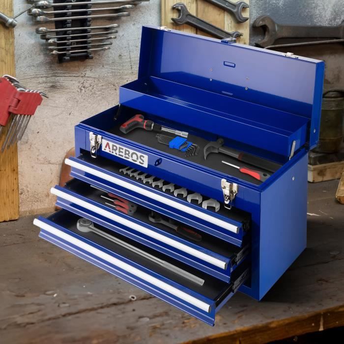 AREBOS Boîte à outils avec 3 tiroirs et 2 compartiments de rangement | Bleu | Coffret à Outils | Tapis antidérapants